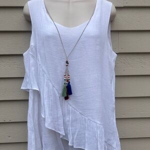 Sleeveless White Gauze Top with Asymetrical Ruffle. Size Large